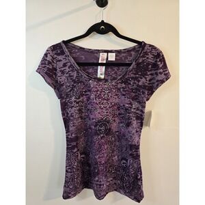 NWT Vintage Y2K Womens Sheer Burnout Shirt Size M Rhinestone Grunge Alt Biker